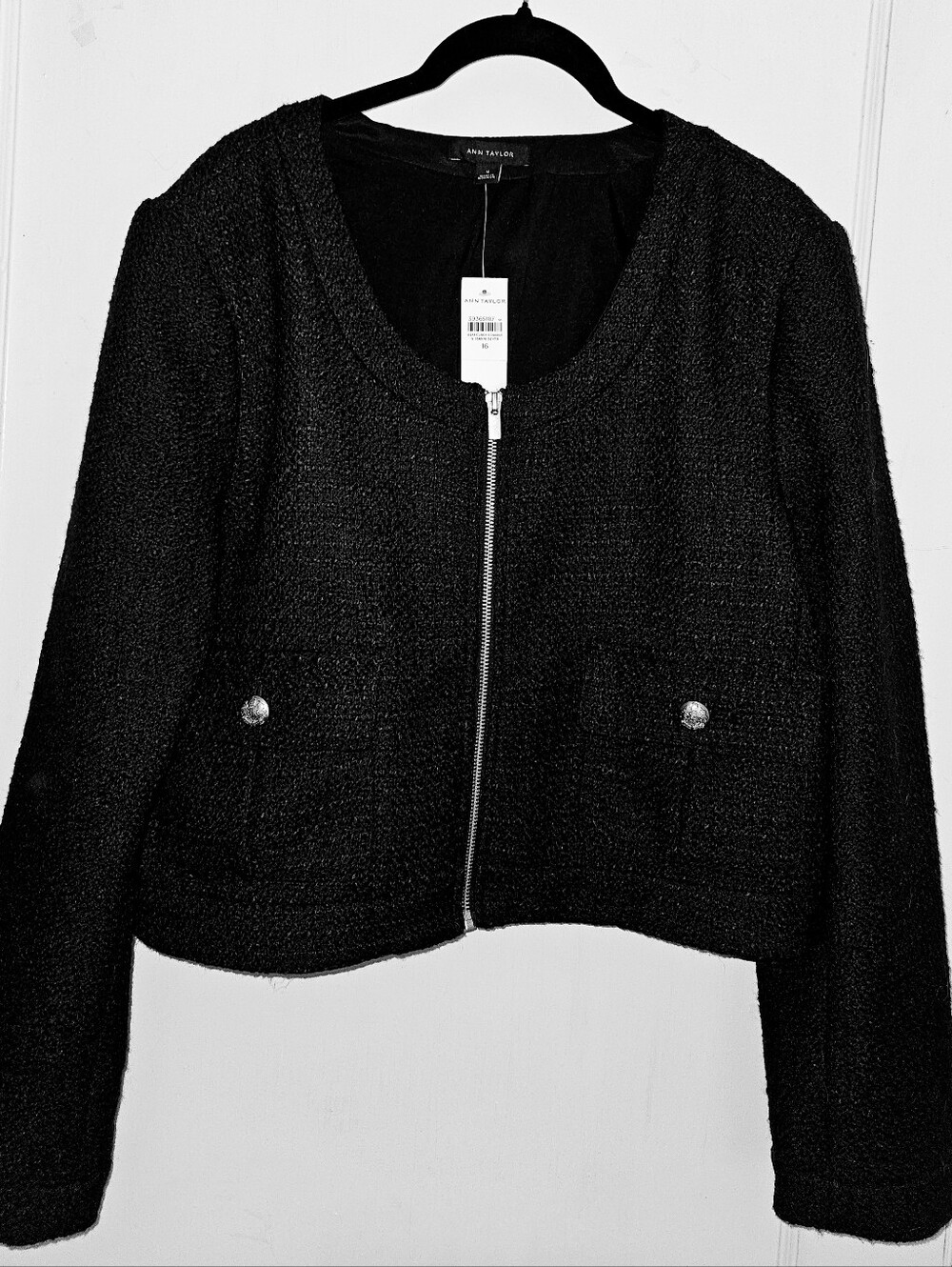NWT- Ann Taylor Black Bouclé Zip-Front Jacket